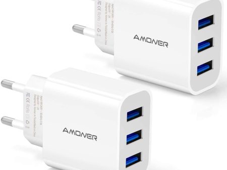 Amoner Cargador USB de Pared con 3 Puertos Cargador USB 3A Una Corriente Máxima de 2,4A Cargador Móvil para Todos Los Tipos de Celular 2 Packs (Blanco) Embalaje Deteriorado Discount